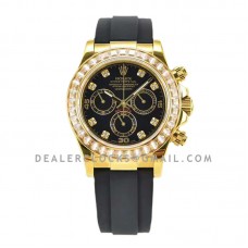 Daytona Black Dial in Yellow Gold with Diamond Bezel on Rubber Strap Daytona Black Dial in Yellow Gold with Diamond Bezel on Rubber Strap