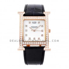 Heure H MOP Dial in Rose Gold with Diamond Bezel on Black Leather Strap Heure H MOP Dial in Rose Gold with Diamond Bezel on Black Leather Strap
