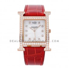 Heure H MOP Dial in Rose Gold with Diamond Bezel on Red Leather Strap Heure H MOP Dial in Rose Gold with Diamond Bezel on Red Leather Strap