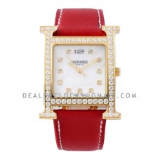 Heure H MOP Dial in Yellow Gold with Diamond Bezel on Red Leather Strap Heure H MOP Dial in Yellow Gold with Diamond Bezel on Red Leather Strap