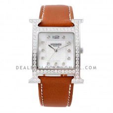 Heure H MOP Dial in Steel with Diamond Bezel on Brown Leather Strap Heure H MOP Dial in Steel with Diamond Bezel on Brown Leather Strap