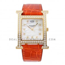 Heure H MOP Dial in Yellow Gold with Diamond Bezel on Orange Leather Strap Heure H MOP Dial in Yellow Gold with Diamond Bezel on Orange Leather Strap