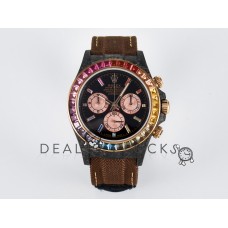 Daytona DIW Carbon Case DIWF Edition Black Dial Rainbow Diamonds Bezel on Brown Nylon Strap A7750 Daytona DIW Carbon Case DIWF Edition Black Dial Rainbow Diamonds Bezel on Brown Nylon Strap A7750