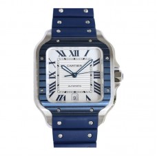Santos de Cartier 40mm White Dial in Steel on Blue Rubber Strap Santos de Cartier 40mm White Dial in Steel on Blue Rubber Strap