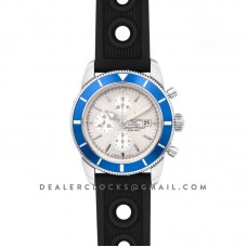 Superocean Heritage II Chronograph 46 Silver Dial in Steel with Blue Bezel on Rubber Strap Superocean Heritage II Chronograph 46 Silver Dial in Steel with Blue Bezel on Rubber Strap