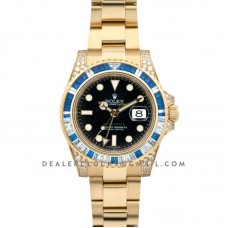 GMT Master II 116758SA Black Dial in Yellow Gold with Blue/White Paved Diamonds GMT Master II 116758SA Black Dial in Yellow Gold with Blue/White Paved Diamonds