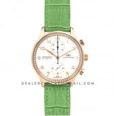 Portugieser Chronograph Automatic White Dial in Rose Gold on Green Leather Strap Portugieser Chronograph Automatic White Dial in Rose Gold on Green Leather Strap