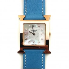 Heure H Rose Gold with Diamond Markers on Light Blue Fjord Leather Strap Heure H Rose Gold with Diamond Markers on Light Blue Fjord Leather Strap