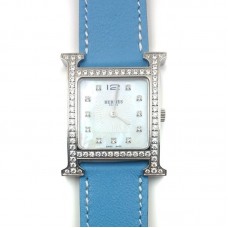 Heure H Steel with Diamond Bezel and Markers on Light Blue Fjord Leather Strap Heure H Steel with Diamond Bezel and Markers on Light Blue Fjord Leather Strap