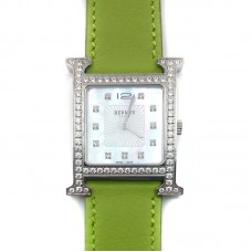 Heure H Steel with Diamond Bezel and Markers on Green Fjord Leather Strap Heure H Steel with Diamond Bezel and Markers on Green Fjord Leather Strap
