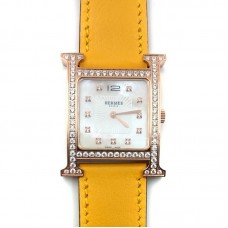 Heure H Rose Gold with Diamond Bezel and Markers on Yellow Fjord Leather Strap Heure H Rose Gold with Diamond Bezel and Markers on Yellow Fjord Leather Strap