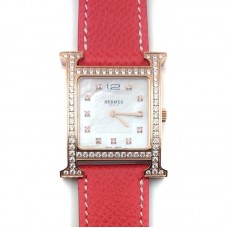 Heure H Rose Gold with Diamond Bezel and Markers on Vermilion Epsom Leather Strap Heure H Rose Gold with Diamond Bezel and Markers on Vermilion Epsom Leather Strap