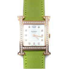 Heure H Rose Gold with Diamond Bezel and Markers on Green Fjord Leather Strap Heure H Rose Gold with Diamond Bezel and Markers on Green Fjord Leather Strap