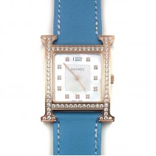 Heure H Rose Gold with Diamond Bezel and Markers on Light Blue Fjord Leather Strap Heure H Rose Gold with Diamond Bezel and Markers on Light Blue Fjord Leather Strap