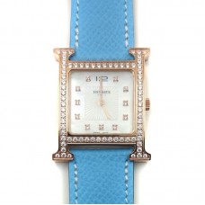 Heure H Rose Gold with Diamond Bezel and Markers on Light Blue Epsom Leather Strap Heure H Rose Gold with Diamond Bezel and Markers on Light Blue Epsom Leather Strap
